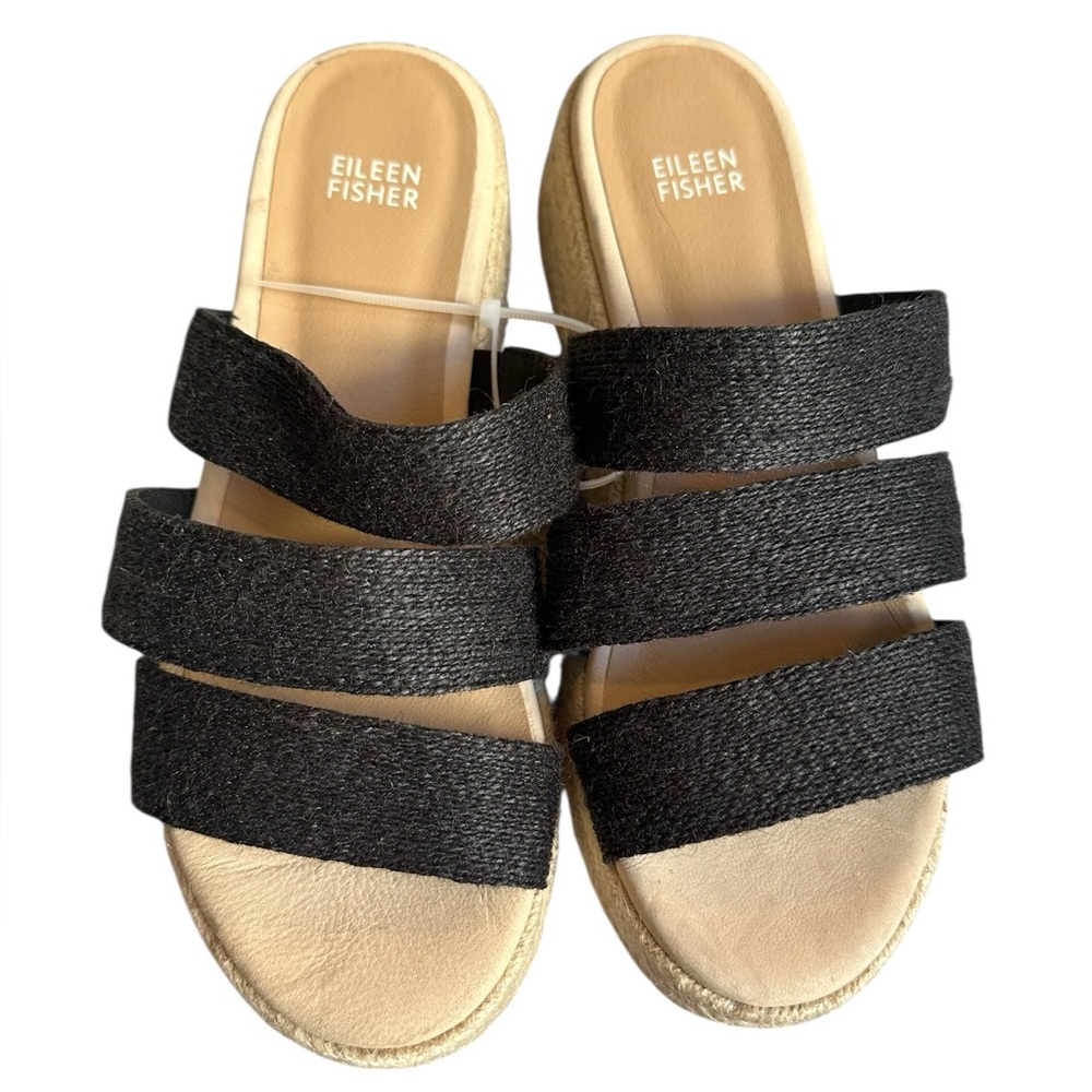 NEW Eileen Fisher Mayla Espadrille Platform Slides Sandal Black | Jute | Size 8 - Picture 5 of 11